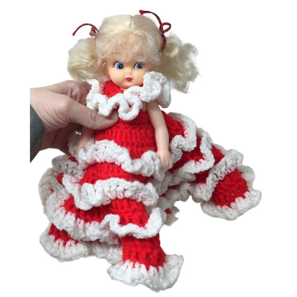 Cute Topper Doll in Hand Crocheted Red Dress White Ruffles Blonde w Cherub Face - Picture 2 of 7